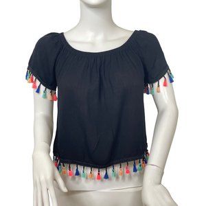 See You Monday Los Angeles Top Cropped Black Tassels Trim Multicolored Rayon